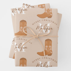 Feuille De Papier Cadeau Bottes de cowboy personnalisées Joyeux Noël Monogr
