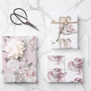 Feuille De Papier Cadeau Bottes de cowgirl rose blanc floral Anniversaire