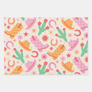 Feuille De Papier Cadeau Bottes et chapeaux de cowgirl groovy avec motif de