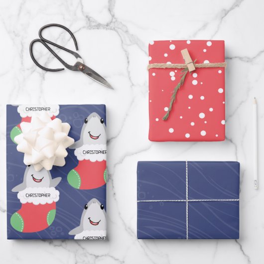 Feuille De Papier Cadeau Bouche de Noël aux requins mignons (Recto)