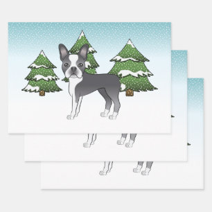 Feuille De Papier Cadeau Bouledogue bleu de Boston dans un enroulement de f
