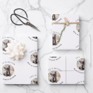 Feuille De Papier Cadeau Bouledogue Français photo blanc La vie est meilleu