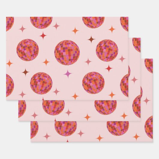 Feuille De Papier Cadeau Boules de Disco Rétro Rose violet orange avec étoi (Lot)
