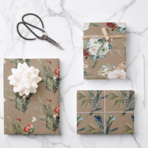 Feuille De Papier Cadeau Bouquets de Noël Rustique Kraft Sprigs & Positions