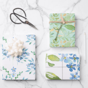 Feuille De Papier Cadeau Bouquets floraux à l'aquarelle bleue avec feuillag