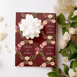 Feuille De Papier Cadeau Bourgogne Floral Élégant Peony Monogram Mariage