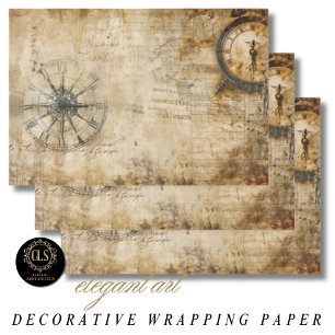 Feuille De Papier Cadeau Boussole Vintage Horloge Antique