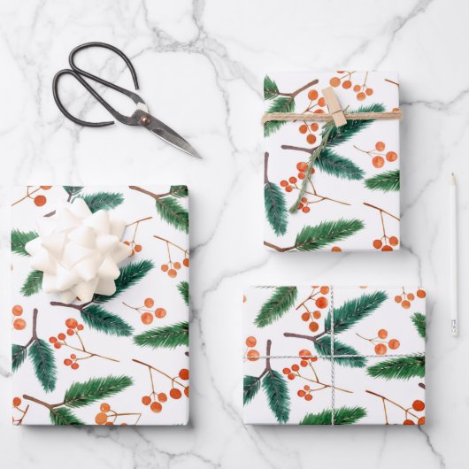 Feuille De Papier Cadeau Branches d'aquarelle et baies hiver (Recto)