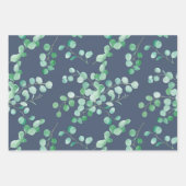 Feuille De Papier Cadeau Branches D'Aquarelle Eucalyptus Sur Bleu Marine (Devant 3)