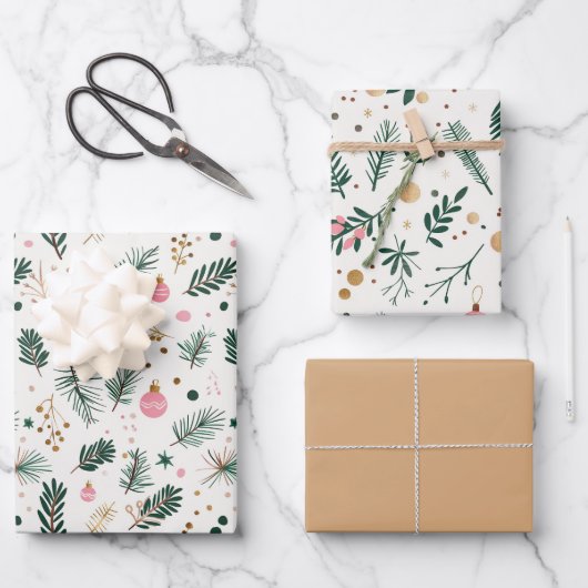 Feuille De Papier Cadeau Branches d'arbre de Noël vert rose (Recto)