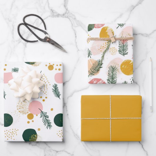 Feuille De Papier Cadeau Branches d'arbre de Noël vert rose (Recto)