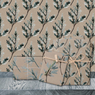 Feuille De Papier Cadeau Branches d'épinette bleue en argent Kraft rustique