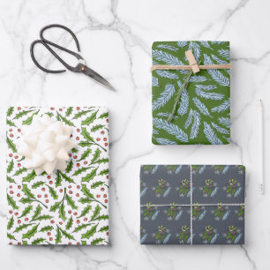 Feuille De Papier Cadeau Branches d'hiver esquissées Holly et Motif d'épicé