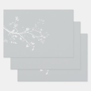 Feuille De Papier Cadeau Branches d'oiseaux gris blanc Mariage