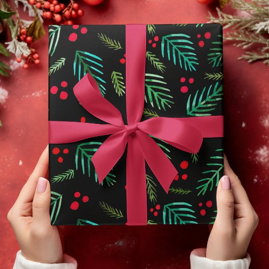 Feuille De Papier Cadeau Branches et baies d'arbres de Noël - noir