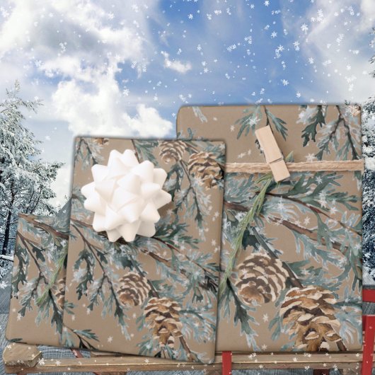 Feuille De Papier Cadeau Branches Et Cônes Rustiques De Juniper Bleu Kraft