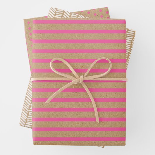 Feuille De Papier Cadeau Bright Hot Summer Pink Strips Faux Brown Kraft (En situation)
