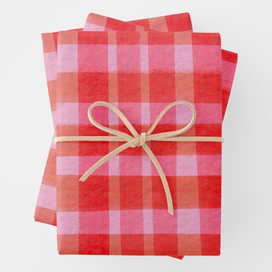 Feuille De Papier Cadeau Bright Pink Red Painterly Plaid Christmas Holiday (En situation)