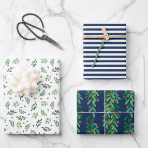 Feuille De Papier Cadeau Brindilles vertes et baies rouges Motifs de Noël b