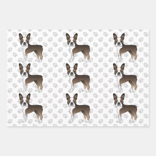 Feuille De Papier Cadeau Brindle Boston Terrier mignon Motif de dessin anim (Devant 3)