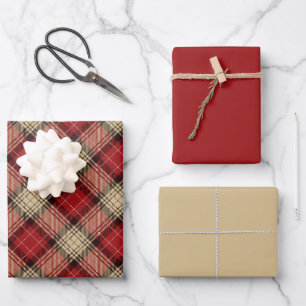 Feuille De Papier Cadeau Brûlé rouge beige moderne écossais Tartan Noël