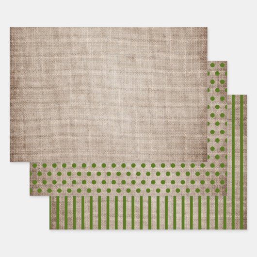 Feuille De Papier Cadeau Brûlons Rustiques Pois verts rayures solides (Lot)