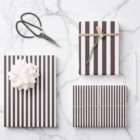 Feuille De Papier Cadeau Brun foncé et rayures blanches (Recto)