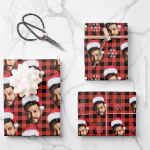 Feuille De Papier Cadeau Buffalo Plaid & Funky Face Photo Père Noël Christm