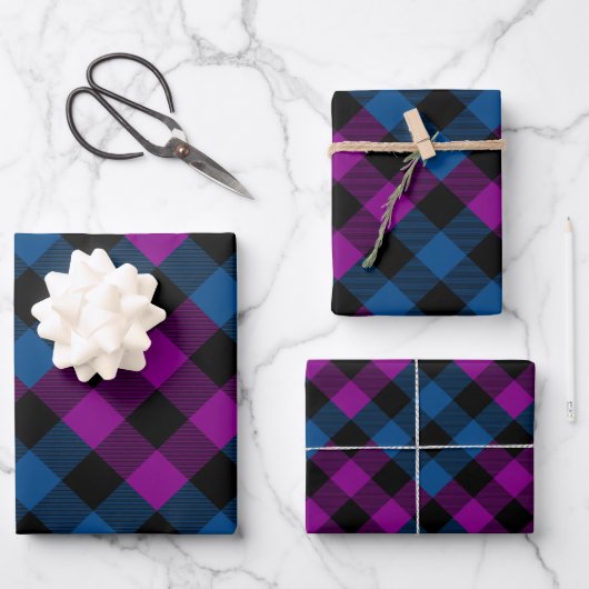 Feuille De Papier Cadeau Buffle de surface violet et bleu Plaid Holiday (Recto)