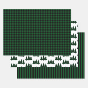 Feuille De Papier Cadeau Buffle vert Chèque Pine Arbres Grandes Pâtes Noël