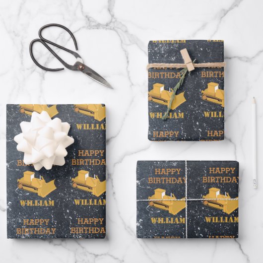 Feuille De Papier Cadeau Bulldozer Construction Camion Anniversaire Garçon (Recto)