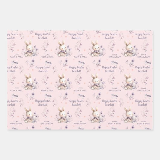 Feuille De Papier Cadeau Bunny de Pâques Nom personnalisé Pink violet (Devant)
