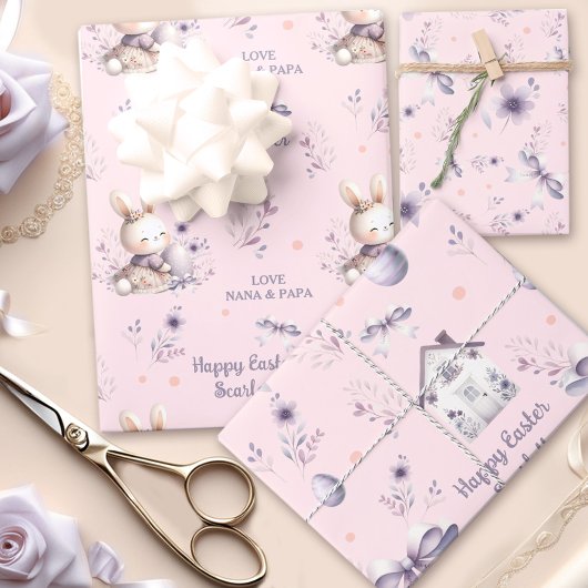 Feuille De Papier Cadeau Bunny de Pâques Nom personnalisé Pink violet