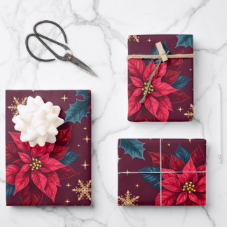 Feuille De Papier Cadeau Burgundy Poinsettia & Gold Snowflake Dark Feminine