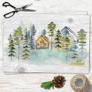 Feuille De Papier Cadeau Cabane de montagne rustique à brouillard forestier