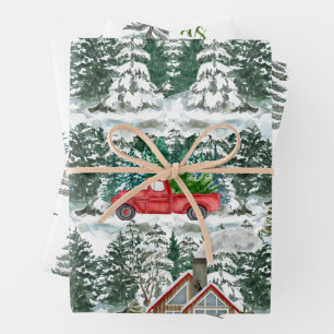 Feuille De Papier Cadeau Cabines de Noël de neige et camion rouge