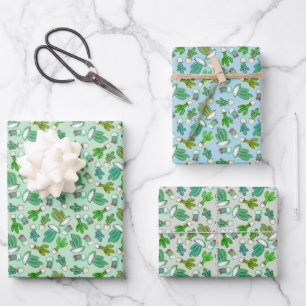 Feuille De Papier Cadeau Cactus mignons, cactus succulent dans des pots bla