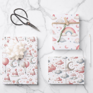 Feuille De Papier Cadeau Cadeau bébé ciel arc-en-ciel pastel et nuage 