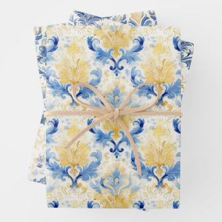 FEUILLE DE PAPIER CADEAU CADEAU BLEU ET JAUNE DOMMASQUE EN COULEUR D'EAU