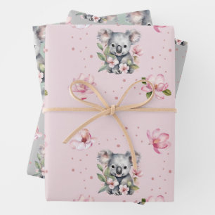 Feuille De Papier Cadeau Cadeau d'aquarelle rose Magnolia Koala Ours