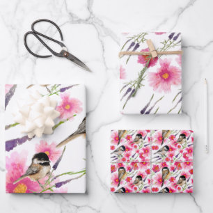 Feuille De Papier Cadeau Cadeau de découpage floral aquarelle de mésange