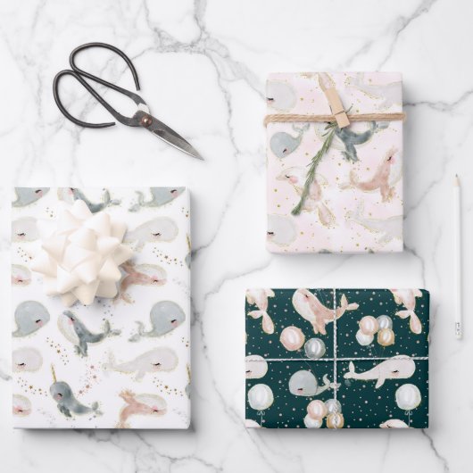 Feuille De Papier Cadeau Cadeau de fête à thème baleine moderne (Recto)