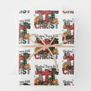 Feuille De Papier Cadeau Cadeau de Noël Joyeux Noël Plaid Croix Religieuse 