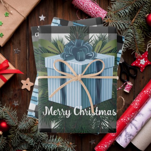 Feuille De Papier Cadeau Cadeau de Noël Plaid Buffalo | Bleu