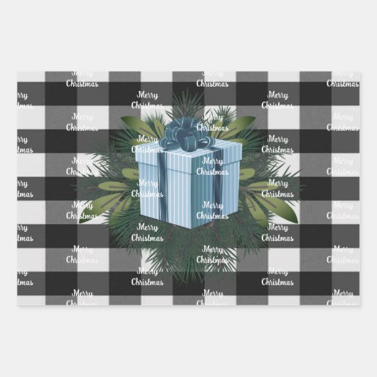 Feuille De Papier Cadeau Cadeau de Noël Plaid Buffalo | Bleu (Devant 3)