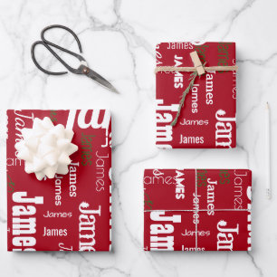 Feuille De Papier Cadeau Cadeau de Noël Répétant Nom Rouge Blanc Vert
