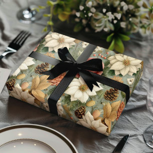 Feuille De Papier Cadeau Cadeau floral classique de Noël rose et vert sauge