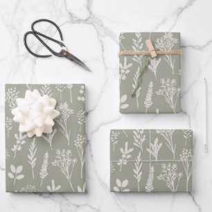 Feuille De Papier Cadeau Cadeau floral motif plantes et herbes vert olive