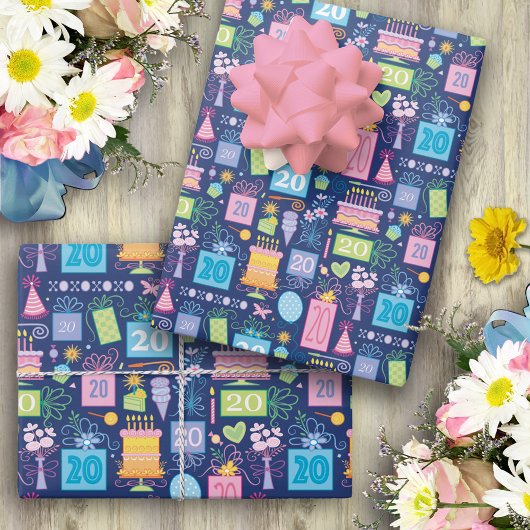 Feuille De Papier Cadeau Cake présente Ballons Bleu 20e anniversaire