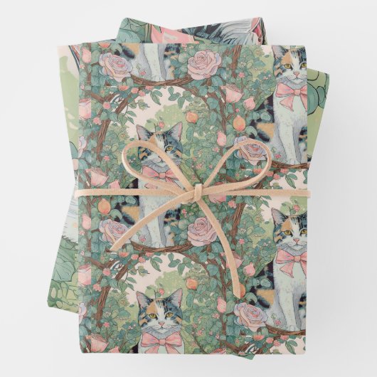 Feuille De Papier Cadeau Calico chat dans le jardin avec fleurs (En situation)